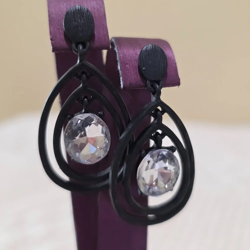Matte Black Metal Two Teardrop Large Center Rhinestone Dangle Pierced Earrings